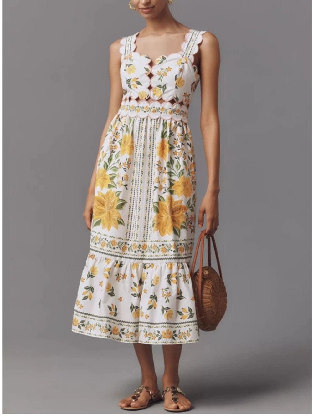 Farm Rio x Anthropologie Sleeveless Scallop-Trim Printed Midi Dress S